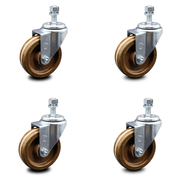 4 Inch High Temp Phenolic Wheel Swivel 1/2 Inch Threaded Stem Caster Set SCC
